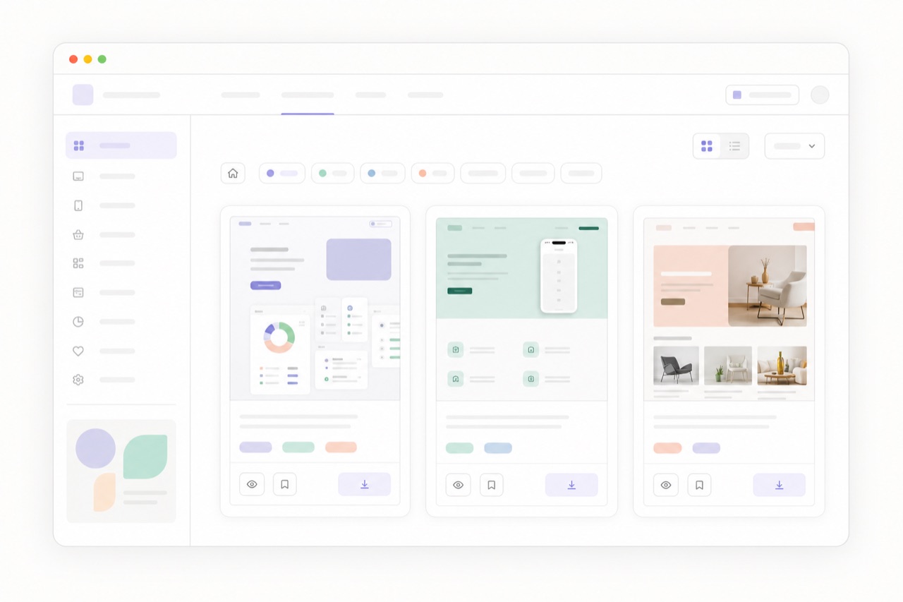 A calm UI prompt library showing several product interface directions