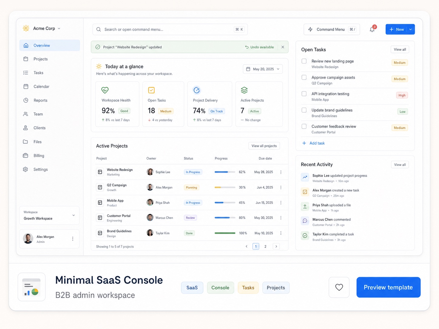 Minimal SaaS Console generated UI preview